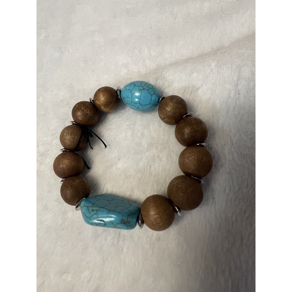 Natural Genuine Wood Grain Bead Bracelet With Turquoise Style Minimalist